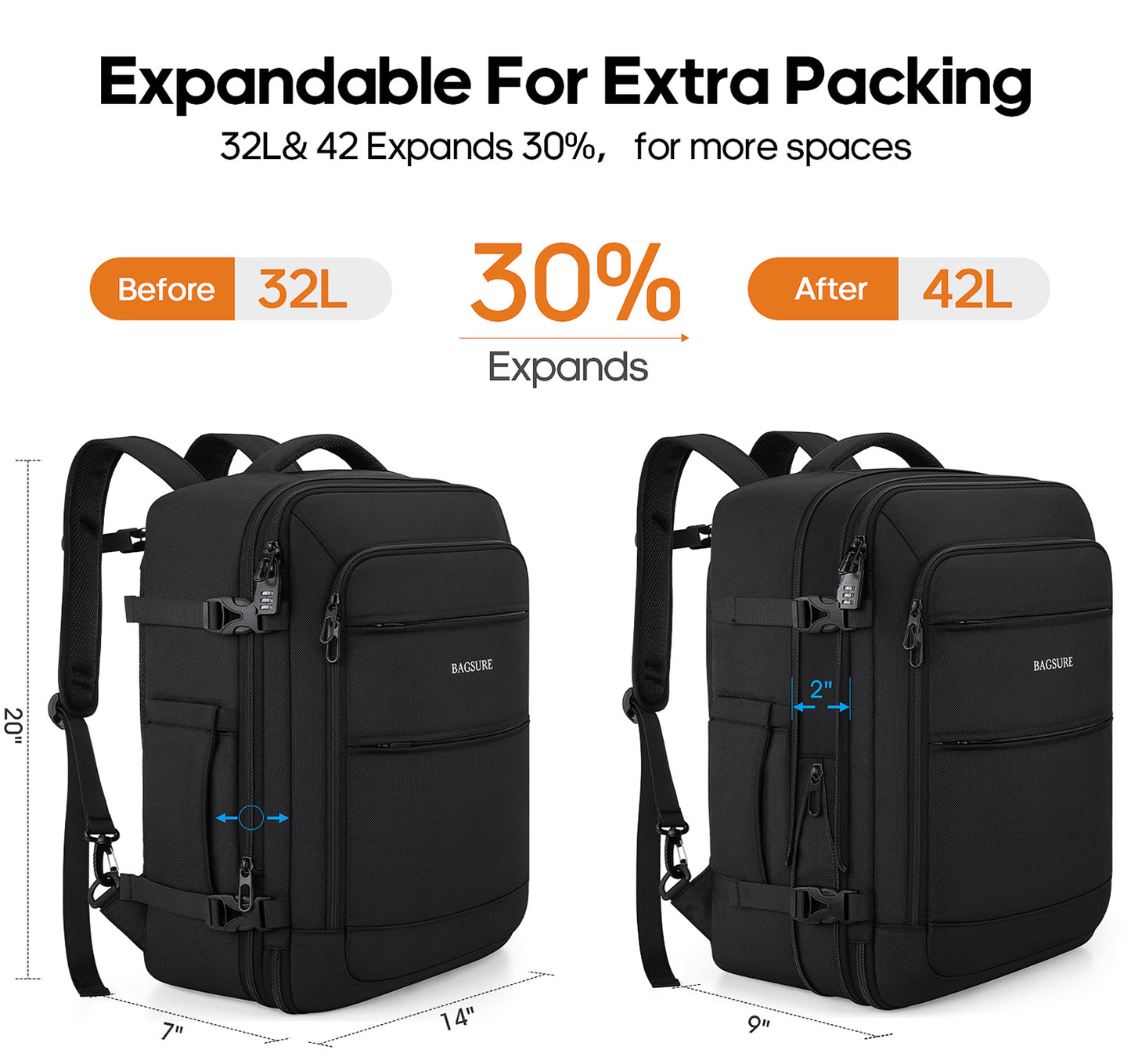 Bagsure Travel Backpack for Men & Women Carry On Backpack Flight Approved Expandable 42L Waterproof Anti-Theft Personal Item Backpack