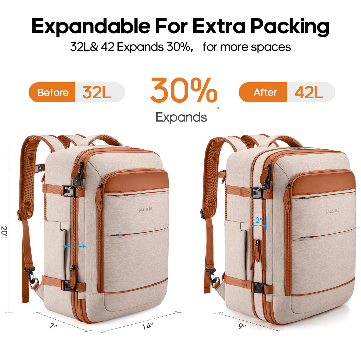 Bagsure Travel Backpack for Men & Women Carry On Backpack Flight Approved Expandable 42L Waterproof Anti-Theft Personal Item Backpack with Packing Cubes and Shoe Pocket