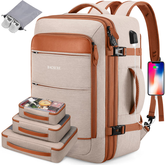 Bagsure Travel Backpack for Men & Women Carry On Backpack Flight Approved Expandable 42L Waterproof Anti-Theft Personal Item Backpack with Packing Cubes and Shoe Pocket